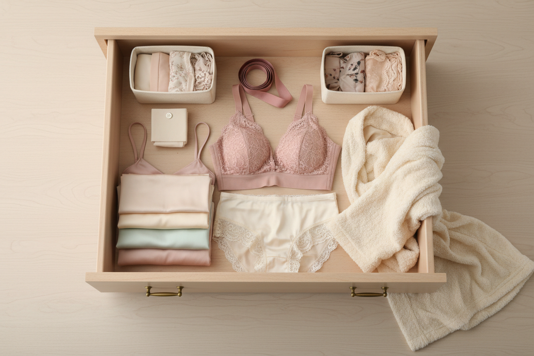 Organized drawer with pastel lingerie, satin panties, lace bralette, and a soft robe