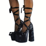 Load image into Gallery viewer, Bow Lolita Platform Lace-up Chunky Heel Pumps
