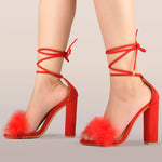 Load image into Gallery viewer, Round Toe Feather Lace-up Suede Chunky Heel Sandals
