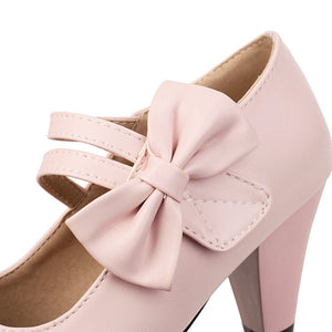 Bow Round Toe Mary Jane Chunky Heel Pumps