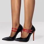 Load image into Gallery viewer, Pointed Toe Buckle Strap Patent Leather Stiletto Pumps
