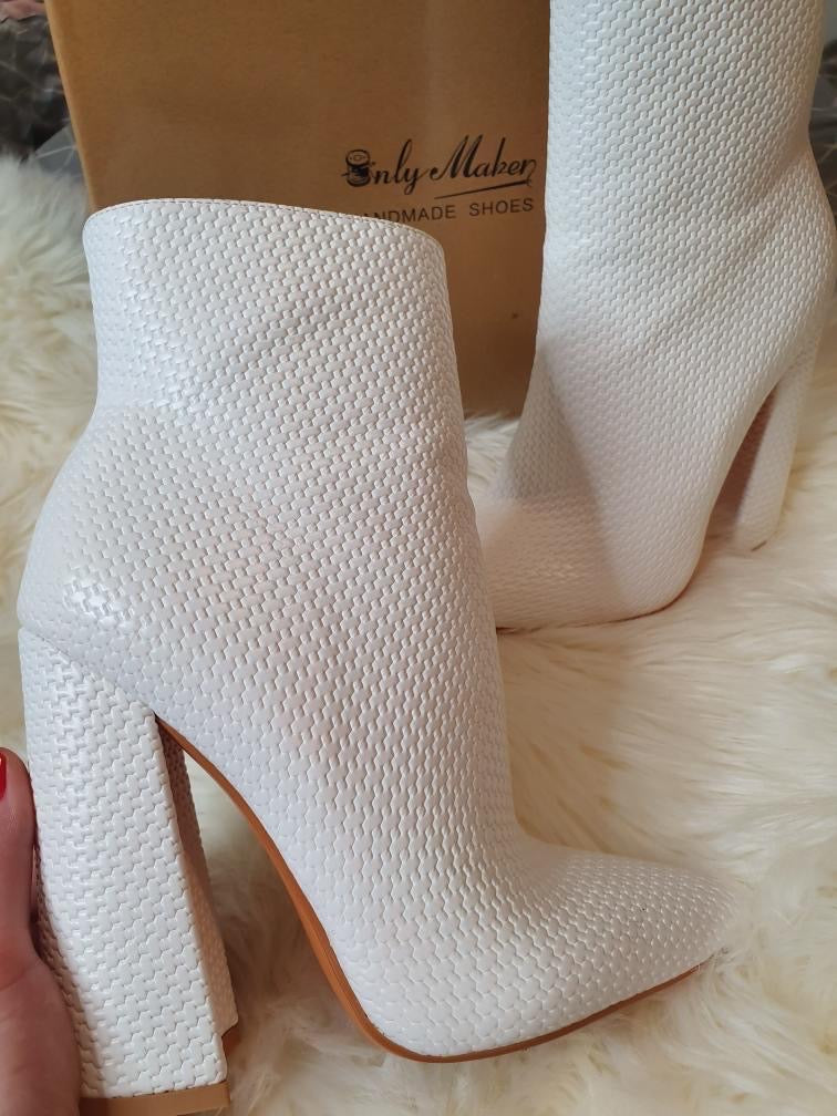 White Woven Pattern Back Zipper Squre Chunky Heel Ankle Boots