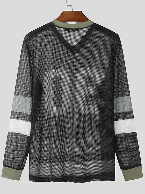 Mens Number Print Mesh Long Sleeve T-Shirt SKUK80451