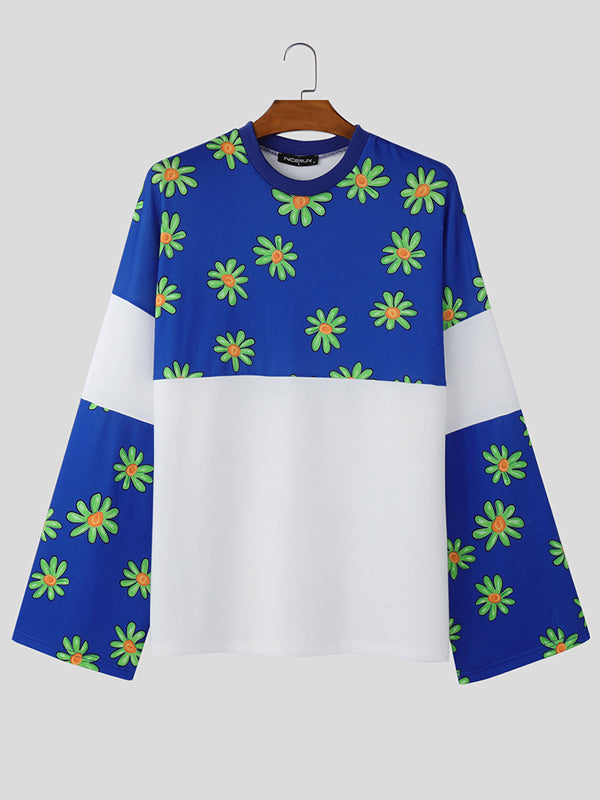 Mens Daisy Print Patchwork Long Sleeve T-Shirt SKUK80423