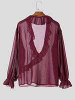 Load image into Gallery viewer, Mens Sheer Ruffle Trim Long Sleeve Shirt SKUK83212
