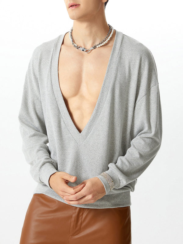 Mens Solid Color Deep V-Neck Long-Sleeve Sweater SKUK78592