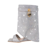 Load image into Gallery viewer, Square Toe Rhinestone Wedge High Heel Boots Sandals
