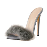 Load image into Gallery viewer, Gray Feather Pointed Toe High Heel Stilettos Sandals
