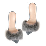 Load image into Gallery viewer, Gray Feather Pointed Toe High Heel Stilettos Sandals
