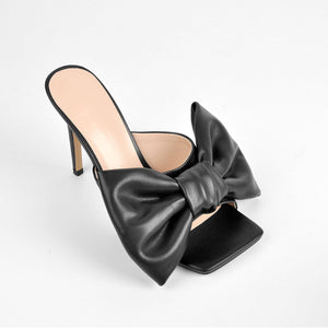 Colour Bow Leather Square Toe High Stiletto Heels Sandals