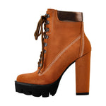 Load image into Gallery viewer, Brown Round Toe Platform Lace Chunky High Heels Ankle Boots
