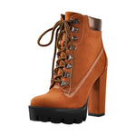 Load image into Gallery viewer, Brown Round Toe Platform Lace Chunky High Heels Ankle Boots
