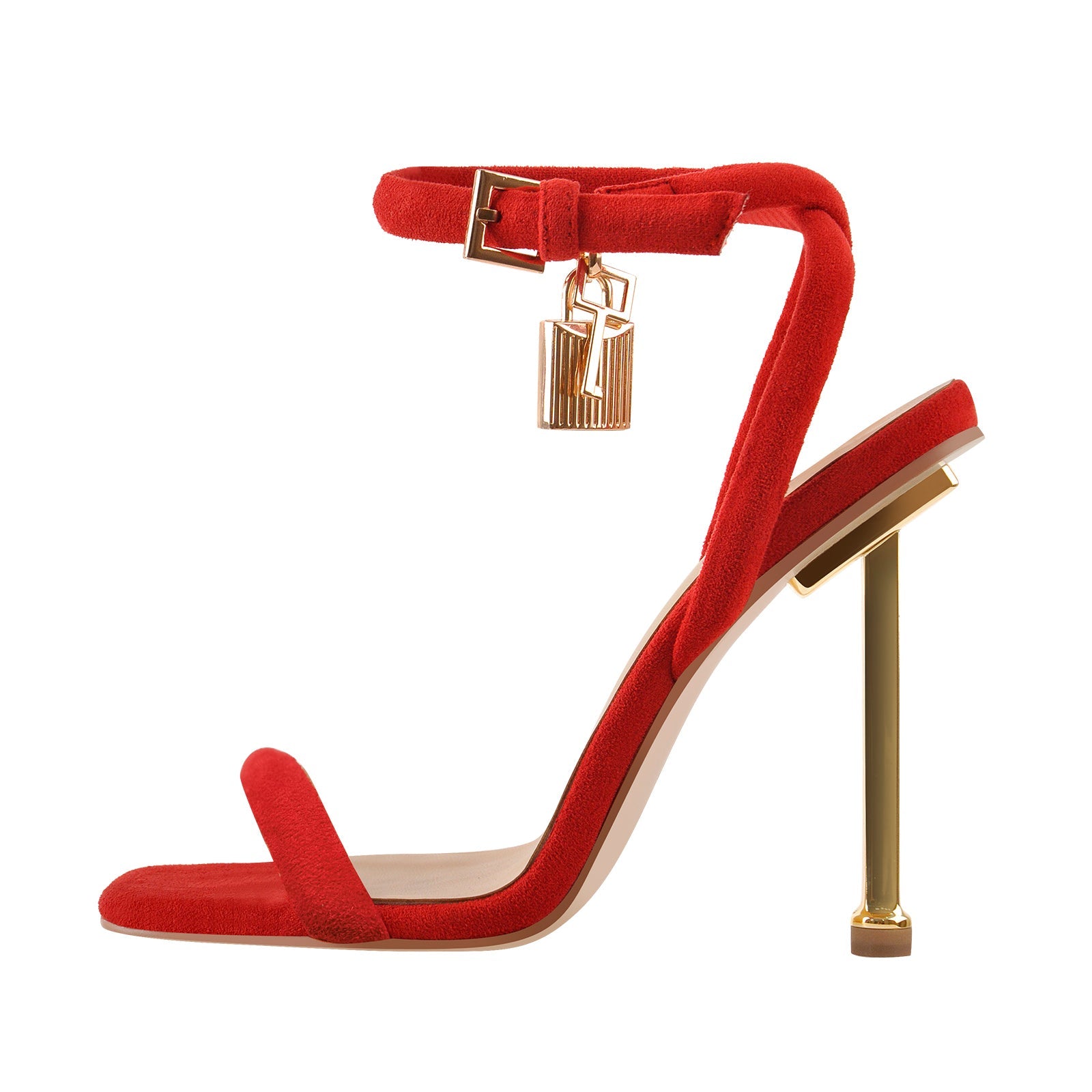 Red Suede Ankle Strap Square Toe Stilettos Metal Heel Sandals