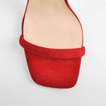 Load image into Gallery viewer, Red Suede Ankle Strap Square Toe Stilettos Metal Heel Sandals
