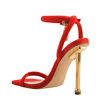 Load image into Gallery viewer, Red Suede Ankle Strap Square Toe Stilettos Metal Heel Sandals
