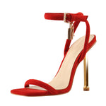 Load image into Gallery viewer, Red Suede Ankle Strap Square Toe Stilettos Metal Heel Sandals
