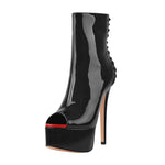 Load image into Gallery viewer, Red Peep Toe Patent Leather Zipper Ankle Boots
