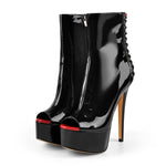 Load image into Gallery viewer, Red Peep Toe Patent Leather Zipper Ankle Boots
