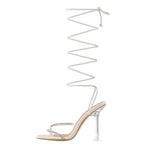 Load image into Gallery viewer, White Rhinestone Square Toe Strap Tapered High Heel Sandals
