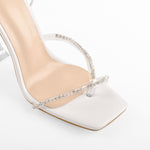 Load image into Gallery viewer, White Rhinestone Square Toe Strap Tapered High Heel Sandals
