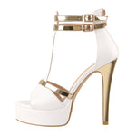 Load image into Gallery viewer, Gold T-Strap White Platform High Heel Sandals
