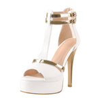 Load image into Gallery viewer, Gold T-Strap White Platform High Heel Sandals
