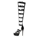 Load image into Gallery viewer, Round Toe Black Over The Knee Stiletto Boots Sandals
