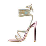 Load image into Gallery viewer, Purple Rhinestone Clear Band Ankle Strap Stiletto High Heel Sandals
