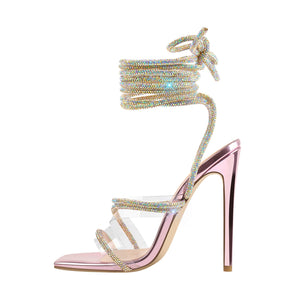 Purple Rhinestone Clear Band Ankle Strap Stiletto High Heel Sandals