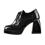 Load image into Gallery viewer, Patent Black Red Square Toe Lace Chunky Heel Ankle Boots
