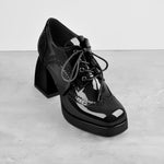 Load image into Gallery viewer, Patent Black Red Square Toe Lace Chunky Heel Ankle Boots
