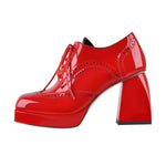 Load image into Gallery viewer, Patent Black Red Square Toe Lace Chunky Heel Ankle Boots
