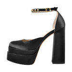 Load image into Gallery viewer, Double Platform Rivets Ankle Strap Chunky Heel D&#39;Orsay Pumps
