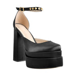 Load image into Gallery viewer, Double Platform Rivets Ankle Strap Chunky Heel D&#39;Orsay Pumps
