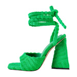 Load image into Gallery viewer, Square Toe Towelling Lace Up Chunky Heel Sandals
