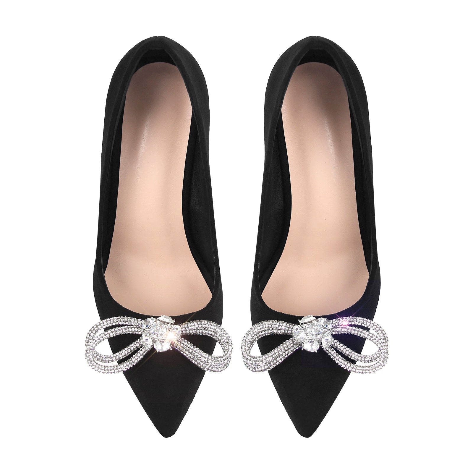 Rhinestone Bow Pointed Toe Black Suede Heels Stiletto Pumps