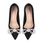 Load image into Gallery viewer, Rhinestone Bow Pointed Toe Black Suede Heels Stiletto Pumps
