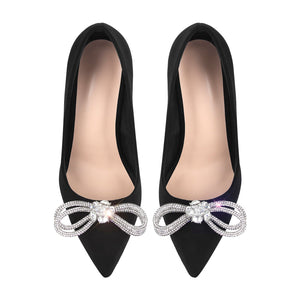 Rhinestone Bow Pointed Toe Black Suede Heels Stiletto Pumps