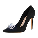 Load image into Gallery viewer, Rhinestone Bow Pointed Toe Black Suede Heels Stiletto Pumps
