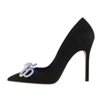 Load image into Gallery viewer, Rhinestone Bow Pointed Toe Black Suede Heels Stiletto Pumps
