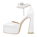 White Pointed Toe Platform Chunky Pumps