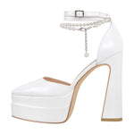 Load image into Gallery viewer, White Pointed Toe Platform Chunky Pumps
