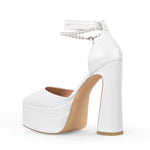 Load image into Gallery viewer, White Pointed Toe Platform Chunky Pumps
