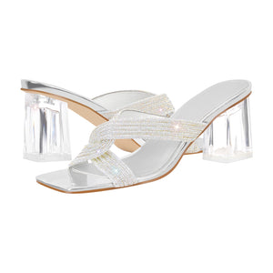 Rhinestone Strap Clear Block Sandals Mules