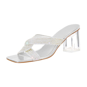 Rhinestone Strap Clear Block Sandals Mules