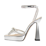 Load image into Gallery viewer, Pointed Toe Platform Rhinestone Bow Block Heel Pumps
