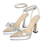 Load image into Gallery viewer, Pointed Toe Platform Rhinestone Bow Block Heel Pumps
