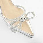 Load image into Gallery viewer, Pointed Toe Platform Rhinestone Bow Block Heel Pumps
