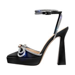 Load image into Gallery viewer, Pointed Toe Platform Rhinestone Bow Block Heel Pumps
