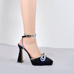 Load image into Gallery viewer, Pointed Toe Platform Rhinestone Bow Block Heel Pumps
